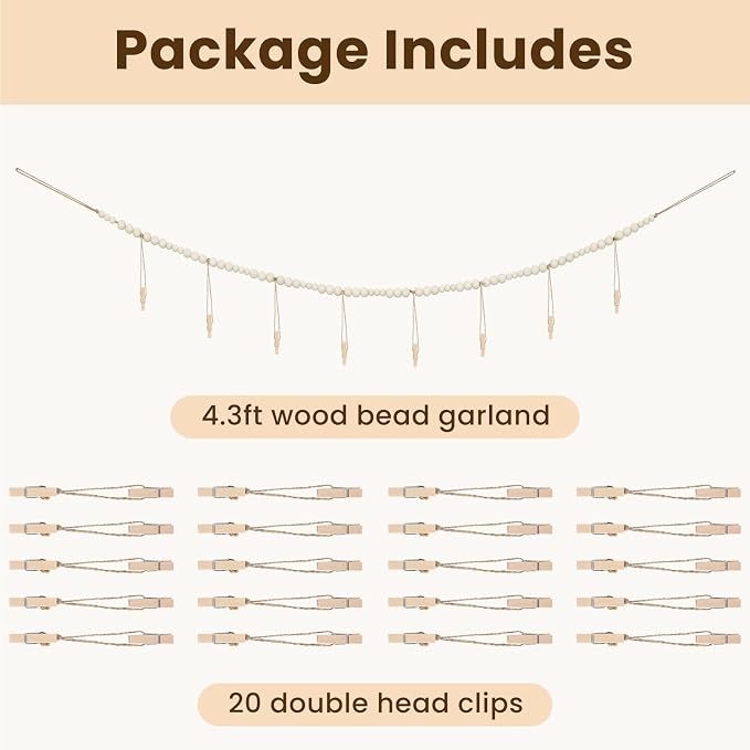 KLOGTSIND Hanging Photo Display with Clips, Wood Beads Garland Wall Decor | 28 Wooden Clips, Photo String Banner for Pictures Cards Artwork, Boho Room Dorm Decor, Christmas Teen Girl Gifts - Image 4