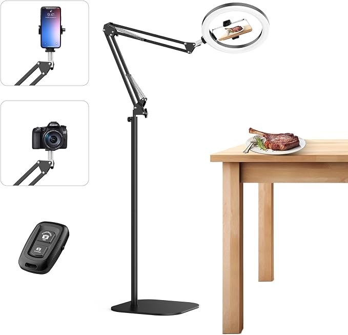 10" Ring Light with Stand Tripod for iPhone, Overhead Phone Camera Mount, Adjustable 70" Height Tripod Holder Floor, Phone Stand for Video Recording Filming Streaming Cooking TikTok YouTube, CRI >95 by BIALEIREWelcomesYourVisit