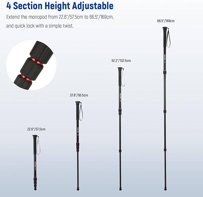 NEEWER 66.5" Camera Monopod Stand, Lightweight Travel Selfie Stick, TP42 | Aluminum, for DSLR Camcorder Photography & Video Recording, 1/4" & 3/8" Screw Adapter, Max Load 22lb - Image 3