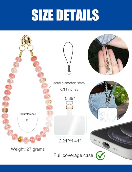 CH.yishi Crystal Beaded Phone Charm Wrist Strap Camera Lanyard | Handmade Cell Phone Chain,with Tether Tab,Keychain Bag Wallet Natural Stone Charm,Headphone Gemstone Decor,Camera Wrist Strap - Image 3
