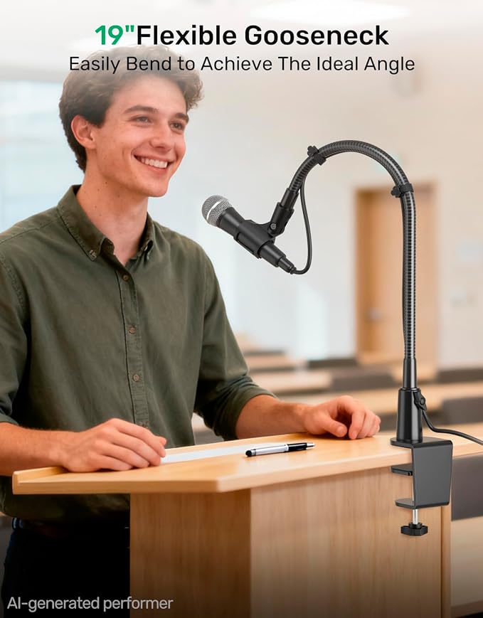 19" Flexible Gooseneck Mic Stand with Desk Clamp【Heavy Duty】, Dual Holder | Upgraded Desk Clamp, 2 Mic Holders, 1/4" and 3/8" Adapters, Ideal for Gaming, Live Streaming, Podcast, Conference, and Podium - Image 2