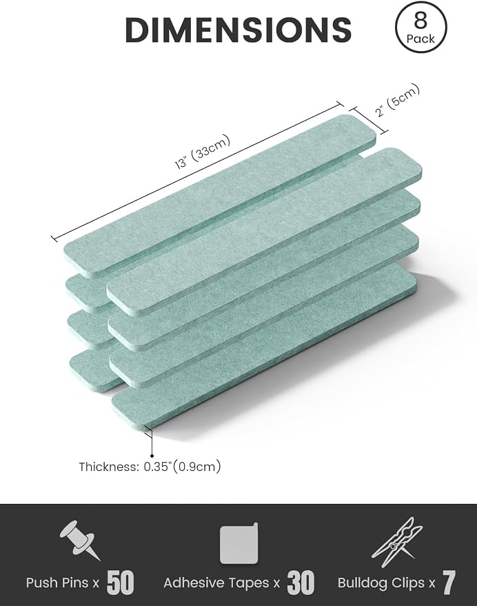 Fluxynara 13" x 2" Felt Wall Panels, Teal Blue | 8-Pack Includes 50 Push Pins and Adhesive Tabs for Photos, Notes and Decor in Bedroom Doors, Home Office or Studios - Image 2
