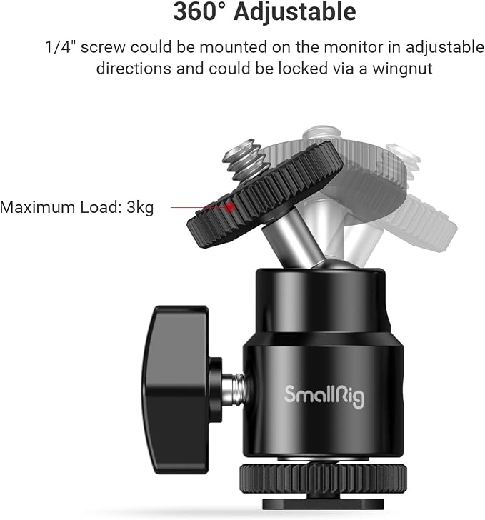 SmallRig 1/4" Camera Hot Shoe Mount, Ballhead Tripod with Additional 1/4" Screw, 2pcs Pack - 2059 | 1/4" Screw to Hot Shoe Adapter, Ballhead for 360° Adjustment, Includes Extra 1/4" Screw, 2pcs, Maximum Load 3kg - Image 3