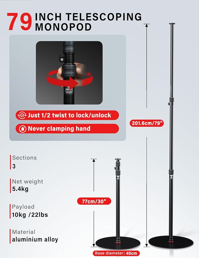 IFOOTAGE A400 Round Base Monopod Light Stand 79" 2 Pack | Aluminum Camera Floor Stand Tripod with 1/4" & 3/8" Screw Light Adapter for Camera Light Webcam Backdrop, Payload 22lb - Image 6