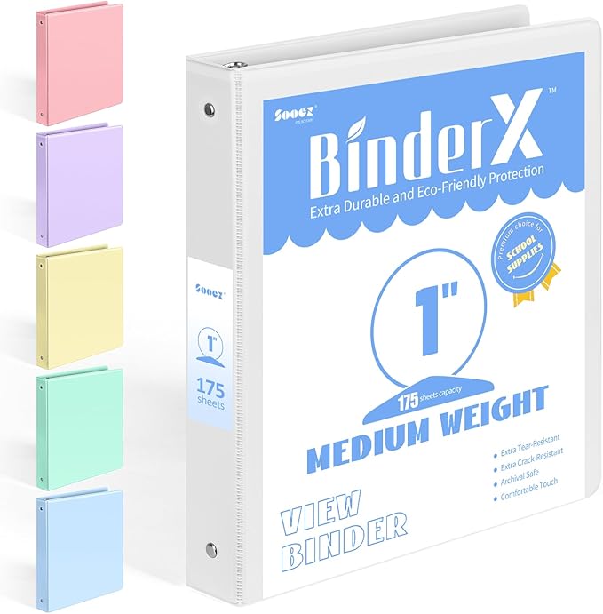 BinderX 3 Ring Binder 1 Inch, 1" Clear View Binder, White, Letter / A4 Size | Extra Durable, PVC-Free, Customizable, Interior Pockets, 175-Sheet Capacity, Eco-Friendly, Reinforced Hinge, School, Office by Sooez
