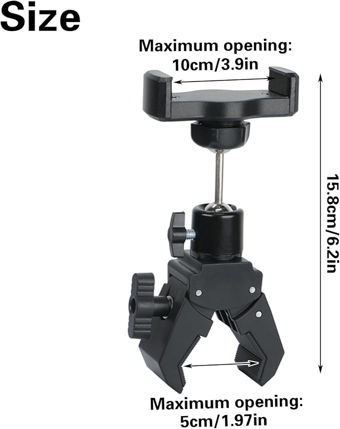 Pole Mount Clamp Phone Holder, Mic Stand Phone Holder with 360° Ballhead & Adjustable Phone Clip, Compatible with Most Smartphones, for Poles, Tabletops Microphone Stand Treadmill, Spin Bike - Image 2
