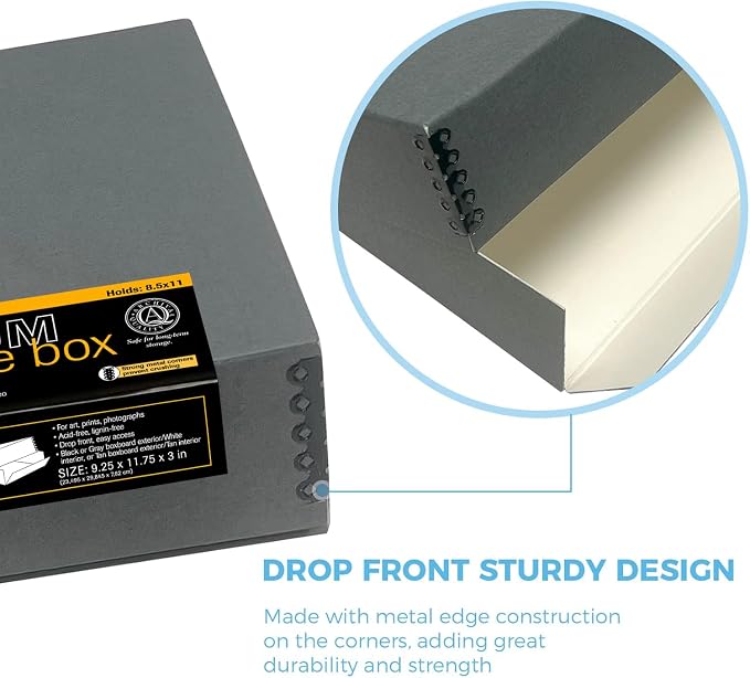 Lineco Drop Front Archival Storage Box, 9.25x11.75x3 in, Gray, 2 Pack | Acid-Free with Metal Edge, Preserves Picture Longevity, Organize Photos, Newspapers, Prints, Documents, Crafts, DIY - Image 3