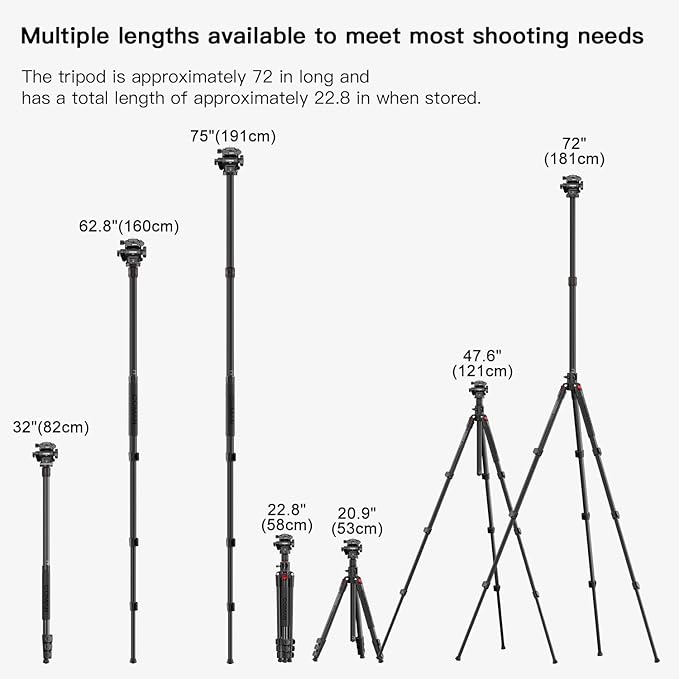 72" Overhead Camera Tripod with Fluid Head,Horizontal Tripod for Top-Down Product & Food Photography,Detachable Monopod&Invertible Center Column,Aluminum Tripod for DSLR Camcorder Spotting Scope - Image 6