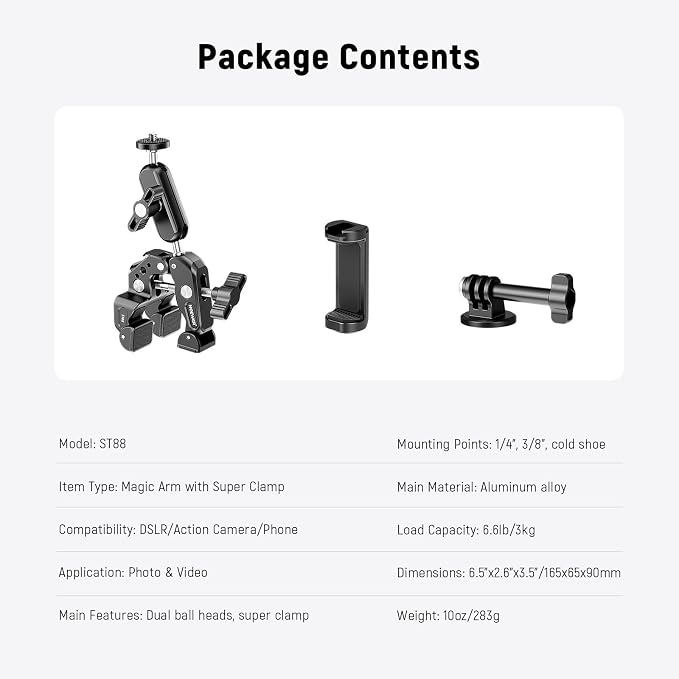 NEEWER Super Clamp with 3" Dual Ballhead Magic Arm Camera Phone Mount, ST88 | With 1/4" and 3/8" Threads, Cold Shoe, Phone Holder, Action Camera Adapter, Compatible with GoPro DJI iPhone 16 15 Pro Max - Image 8