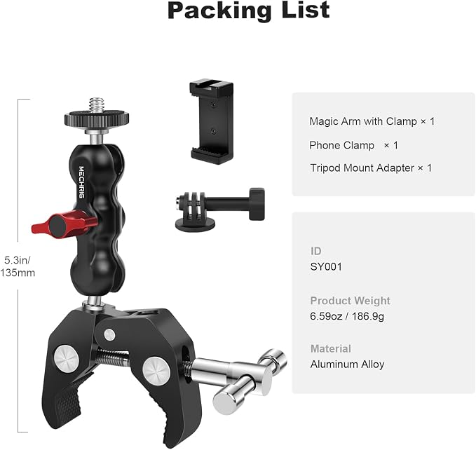 Camera Clamp Mount with Dual Ballhead Magic Arm, Aluminum Camera Mount Super Clamp Kit for DSLR Action Camera/Phone/Monitor/LED Light/Microphone, for Desk/Tripod/Tube/Crossbar (SY001) - Image 9
