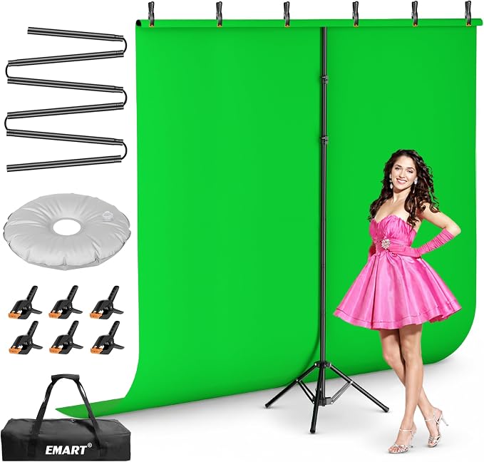 Emart 7x8ft Green Screen Backdrop Kit with T-Shape Stand and 6 Clamps | Reverse folding base for easy storage & transport，perfect for Photography, Photoshoot, Studio Video Recording, Streaming by EMART