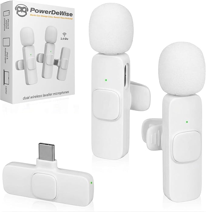 Wireless Lavalier Microphone for iPhone & Android, 2 Pack White Mini Mic, USB-C/Lightning Clip-On Microphone, AI Noise Cancellation, 70FT Range for TikTok YouTube Podcast Vlog by PowerDeWise