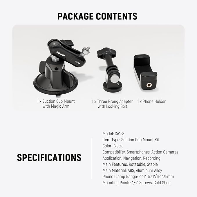 NEEWER Suction Cup Phone Holder & Camera Mount Compatible with GoPro DJI Insta360 iPhone, Car Phone Mount with Action Camera Adapter 360° Magic Arm for Vlogging Video Recording, CA158 - Image 7