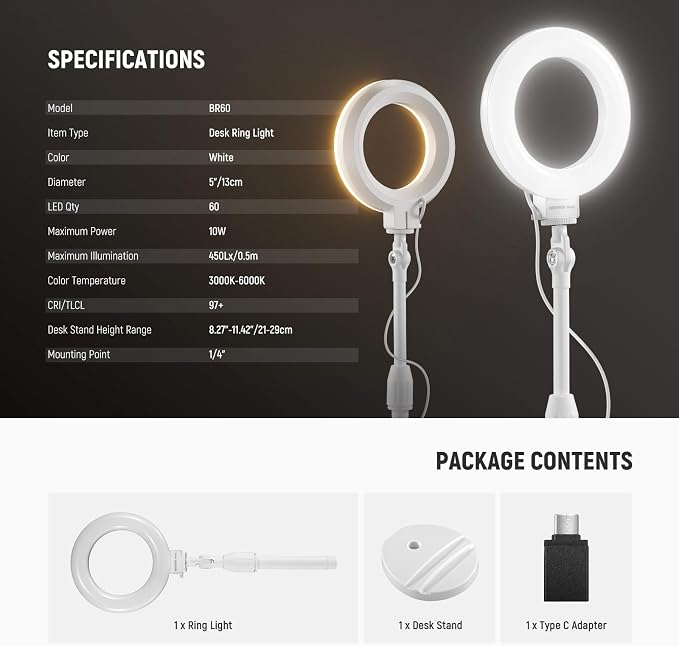 NEEWER BASICS 5"/13cm Desk Ring Light with Stand, 10W LED Selfie Light with Phone Holder Base Compatible with iPhone for Video Recording Laptop Webcam Zoom Video Conference Lighting Makeup, White BR60 - Image 8