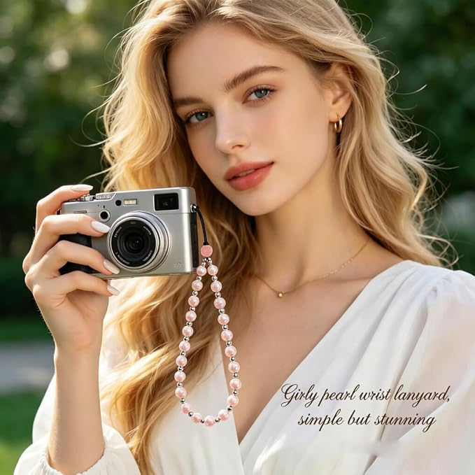 Phone Charm Beaded Strap Cute Cell Phone Wrist Straps String Accessories Hand Aesthetic Lanyard Wristlet Chain for iPhone 17 Pro Camera Case AirPods Bags Keychains Women Girls Rose Gold Pearl - Image 4