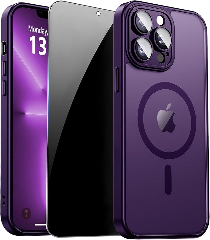 for iPhone 13 Pro Max Case with Privacy Screen Protector, Purple | Full Camera Protection, Translucent Matte Magnetic, Compatible with MagSafe, Shockproof Phone Cover, Slim Fit Women/Girls by ZOZDOKG