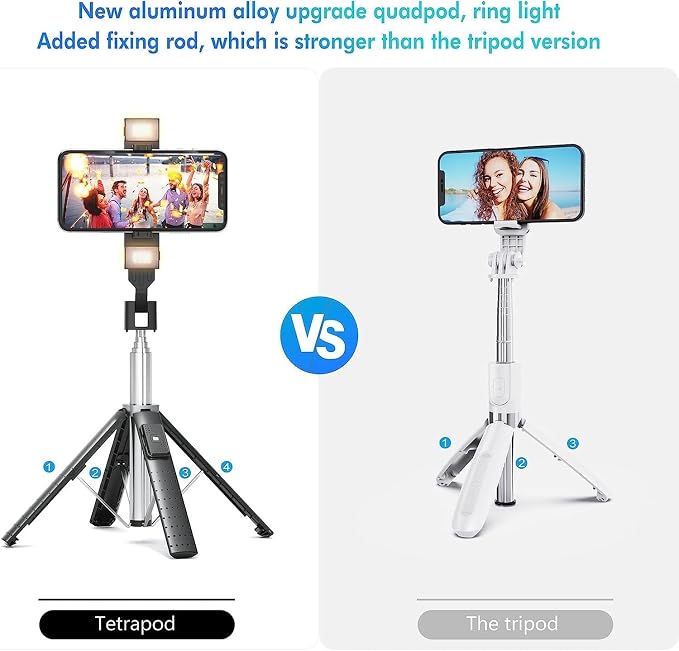 41” Selfie Stick Tripod Quadrapod with 2 Rechargeable Fill Light, Extendable Tripod with Bluetooth Remote, Stainless Steel, 3 Light Modes, 9 Brightness Levels, Compatible for All iPhone & Android - Image 6