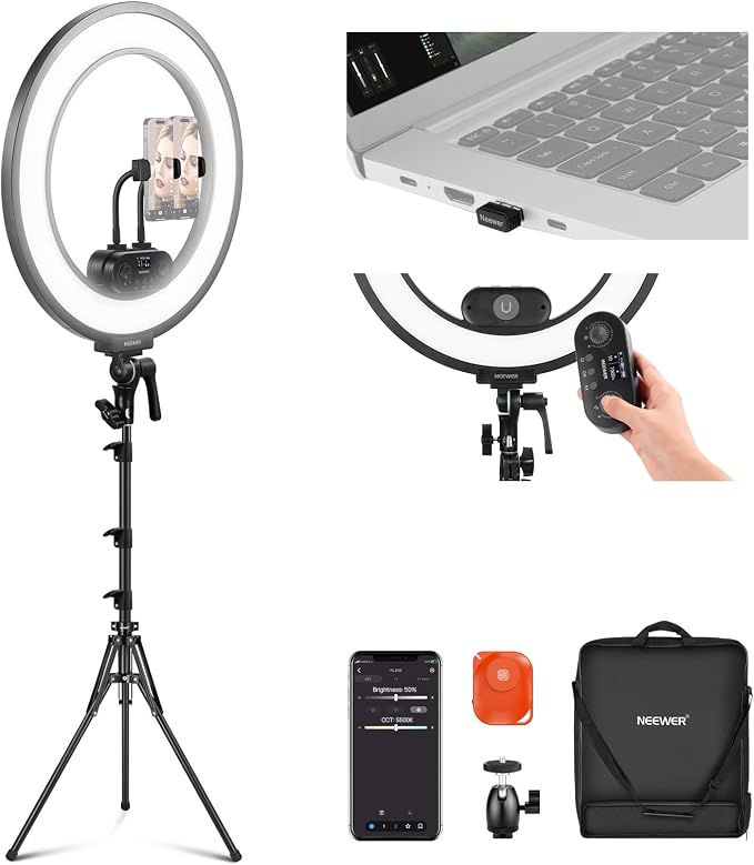 NEEWER 18 Inch Edge Lit Ring Light with Tripod Stand Phone Holder Compatible with iPhone for Video Recording Selfie Makeup Studio Streaming, 45W 2900-7000K APP 2.4G Control Ringlight Lighting, RL45B | Compatible with iPhone, Video Recording Selfie Make... by Neewer