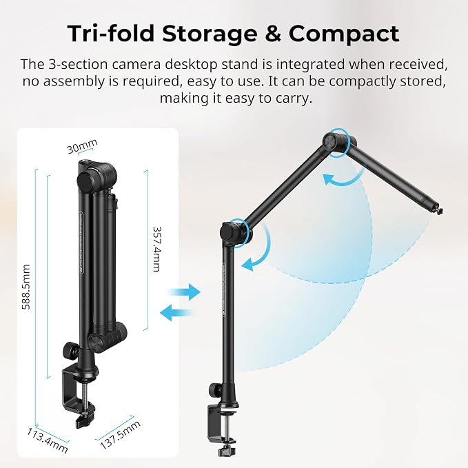 SMALLRIG Overhead 3-Section Desktop Camera Bracket Desk Mount | Tabletop C Clamp with Damping Boom Arm, 360° Ball Head, Max Load 4.4lbs for Photography Videography Live Stream - Image 5