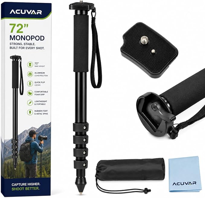 Acuvar Pro Series 72" Camera Monopod with Quick Release Plate, Lightweight 4-Section Aluminum Monopod for DSLR & Mirrorless Cameras, Canon, Nikon, Sony, Fujifilm, Panasonic, Olympus, Pentax by Acuvar