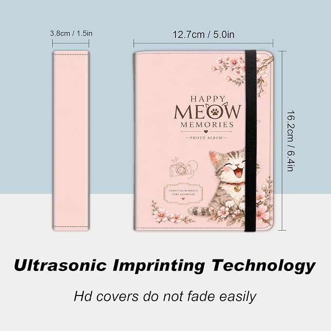 DEGDFSGR 4x6 Small Photo Album, 60 Pockets Holds 120 Photos | Slip-in pockets, black elastic band, portable for family, wedding, baby, travel photos, Pastel Pink Cherry Blossom Cat - Image 2