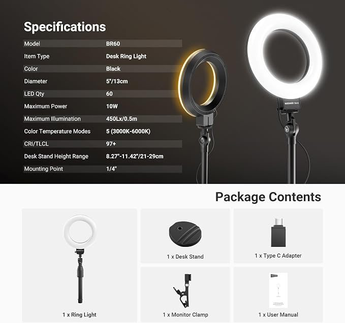 NEEWER Basics 5" LED Desktop Ring Light with Stand, Monitor Clamp, 10W, Compatible with iPhone Desk Computer Laptop Webcam Phone for Selfie Makeup Recording Zoom Video Conference Lighting, Black BR60 - Image 8