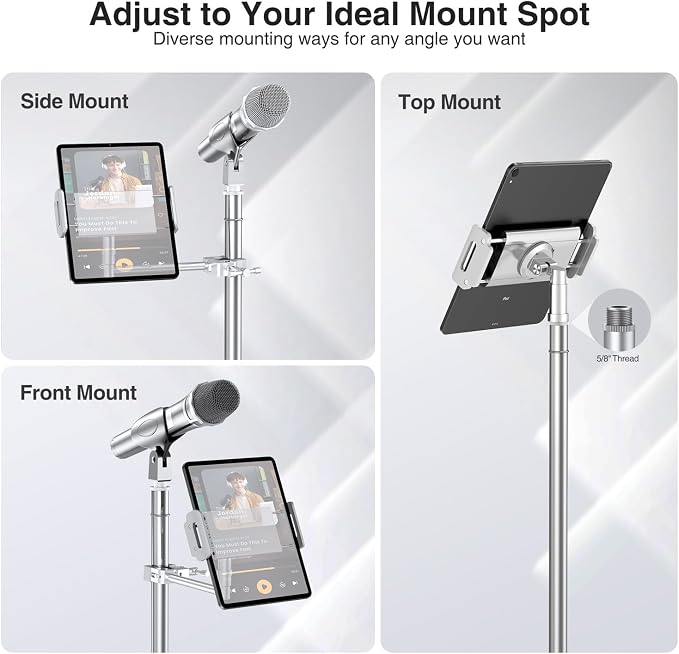 elitehood iPad Holder for Mic Stand, Aluminum Side Mount iPad Music Stand | 360° Swivel Tilt Adjustable Tablet Holder for Microphone Stand, Heavy Duty iPad Clip Attachment for 4.7-13in Tablets, Silver - Image 2