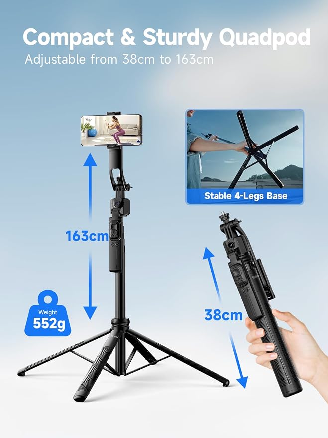 Rollei Auto Face Tracking Tripod, Smartphone Gimbal Stabilizer 64'' Selfie Stick Tripod Holder 360° Rotation for iPhone/Android Stand for Filming Streaming Tiktok Video Vlog - Image 7