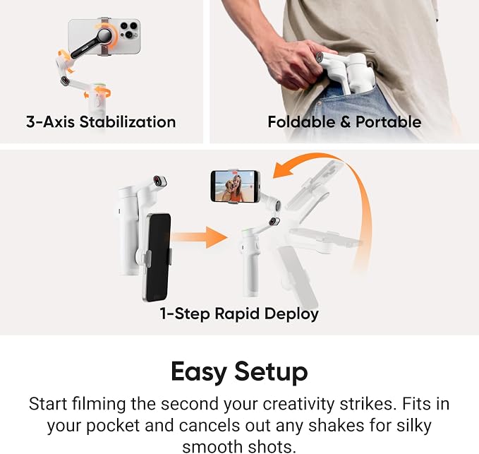Insta360 Flow 2 Pro Vlog Bundle White - Foldable AI Phone Gimbal, Track in 200+ Apps with Apple DockKit, 360º Pan Tracking, Built-in Tripod/Selfie Stick, Remote Control, Spotlight/Backpack Mount - Image 5