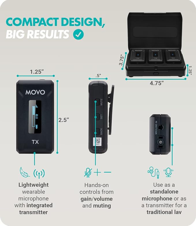 Movo WMX-2-DUO Wireless Camera Microphone Lapel Mic with Charging Case - Lav Mic, Wireless Lapel Microphone 2.4GHz Lavalier, Lav Mic for Vlogging, DSLR, Computer - Image 3