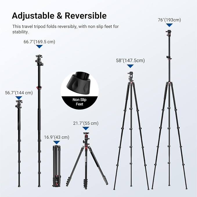 NEEWER Basics Overhead Camera Tripod Monopod with Ball Head & Horizontal Center Column, 76 Inch Tall Metal DSLR Video Travel Stand, Arca Type QR Plate & Inverted Legs, Max Load 17.6 lb, TP014 - Image 4