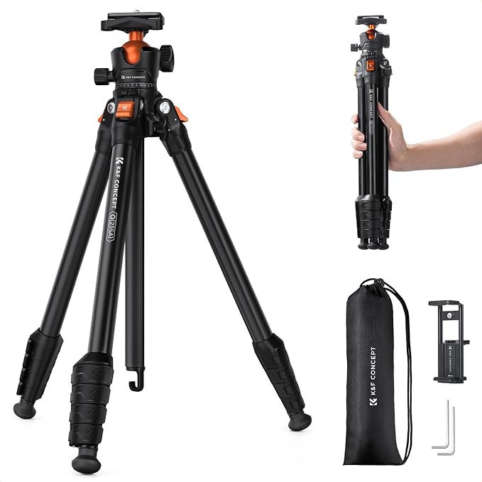K&F CONCEPT 63" Aluminum Travel Tripod for Camera | Lightweight Compact Tripod Weighs 2.6lb, Max Load 22lb for Camera DSLR Mirrorless Camcorders Phone, O235A1+BH-40 by KFCONCEPT