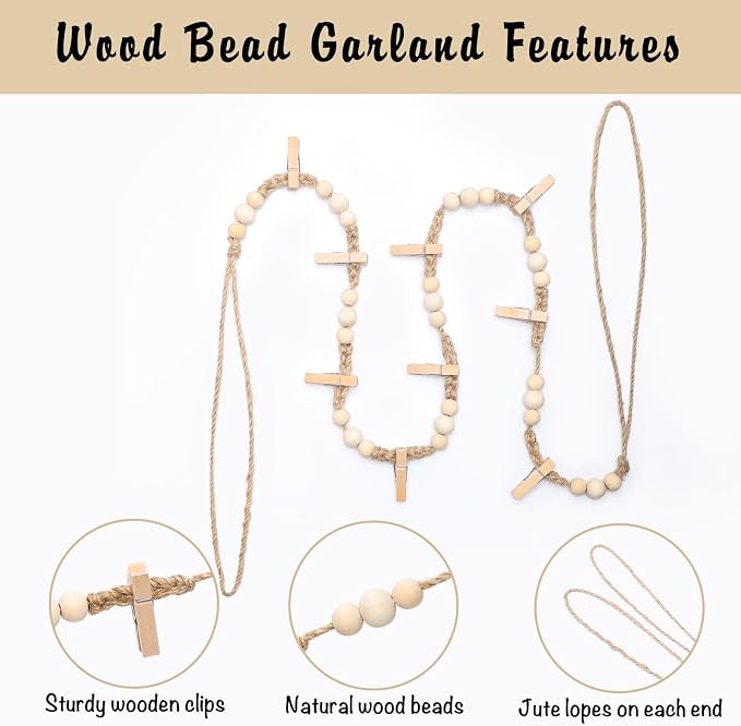 Boho Hanging Photo Display, 3 Pack Wooden Bead Garland with Clips | 30 Clips and 24 Pegs for Photos, Cards and Artwork, Bedroom Or Living Room Decor - Image 4