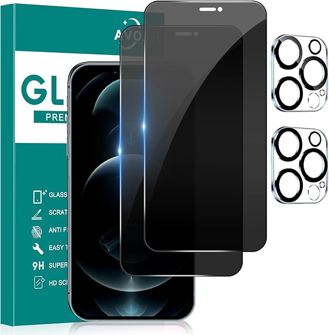 2+2 Pack Privacy Screen Protector for iPhone 12 Pro Max, 6.7 Inch | With Camera Lens Protector, Tempered Full Screen Glass, Anti-Spy, Bubble Free, Case Friendly by AVOAR