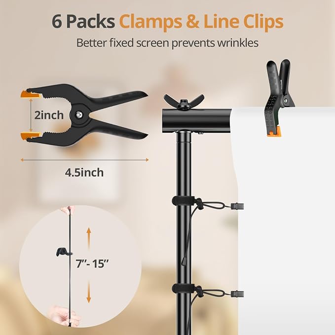 10x7ft Photo Backdrop Stand Kit with 6x9ft White Backdrop Screen | Portable Photography Frame, Adjustable Support kit with 6 Clamps, Carry Bag for Photo, Video Recording, Streaming, Decoration - Image 5