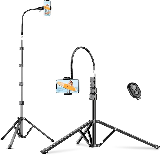 Flexible Tripod for iPhone, 88" Tall Cellphone Tripod with Gooseneck | Overhead Tripod with Phone Holder and Wireless Remote, Camera Phone Stand for Recording, Compatible with iPhone/Android by Victiv