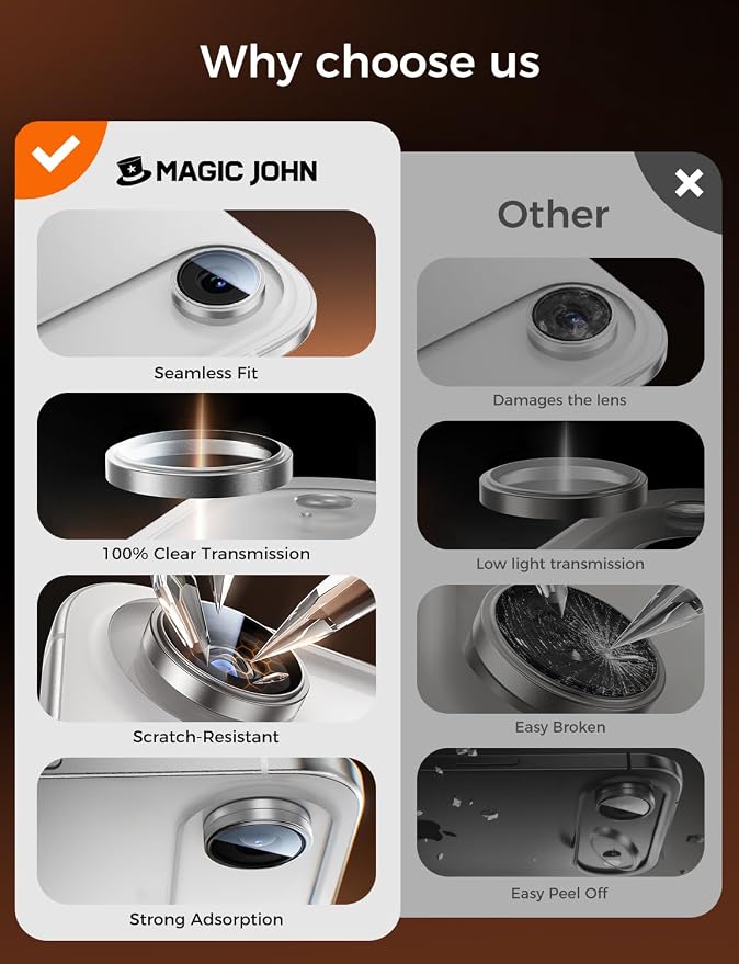 MAGIC JOHN for iPhone Air Camera Lens Protector [Alignment Kit&1:1 Invisible Fit] 9H Aerospace Tempered Glass, Ultra HD, Metal Individual Ring,Set of 2,Sliver - Image 6
