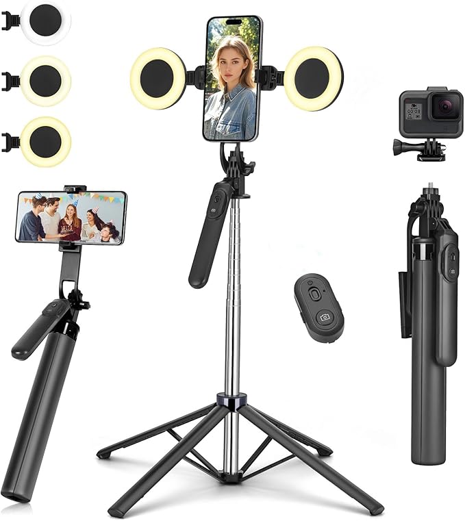 Metal Selfie Stick Tripod for iPhone with Light,70 inch Cellphone Selfiestick with Remote,Phone Tripod Holder for Video Recording,Portable Travel Selfie Stick Compatible with iPhone,Android and Gopro by YUANRAN