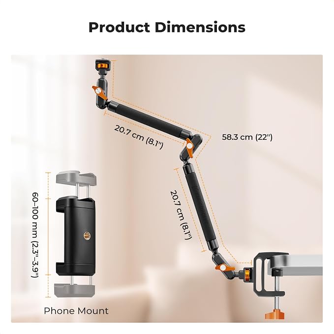 K&F CONCEPT 22" Magic Arm with Desk C-Clamp, Overhead Desk Camera Mount | Long Articulating Friction Boom Arm for Phone, Action Camera, LED Light, Microphone, MS39 - Image 7
