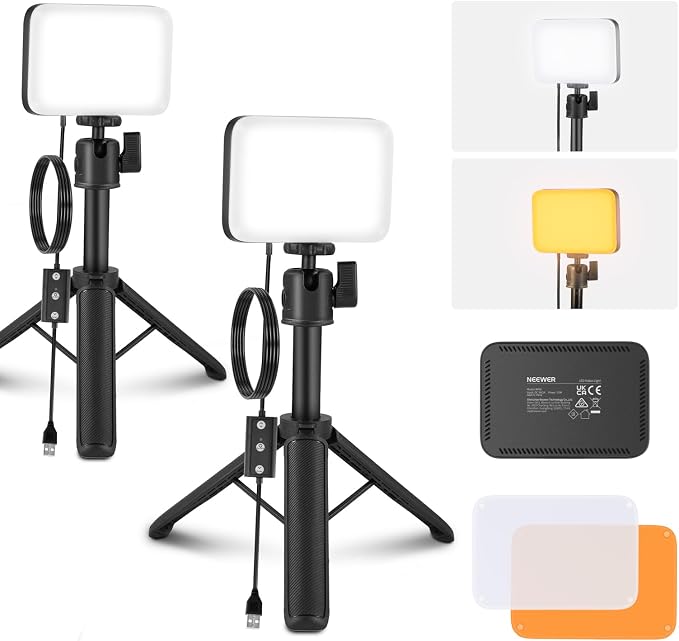 NEEWER BASICS 2 Pack LED Video Panel Light, Video Conference Lighting Kit with Desktop Tripod Stands/Filters for Webcam Desk Computer Laptop Zoom Call Makeup Recording Selfie Streaming, Dimmable, BP66 | Kit w Desktop Tripod Stands, Filters, for Webcam ... by Neewer