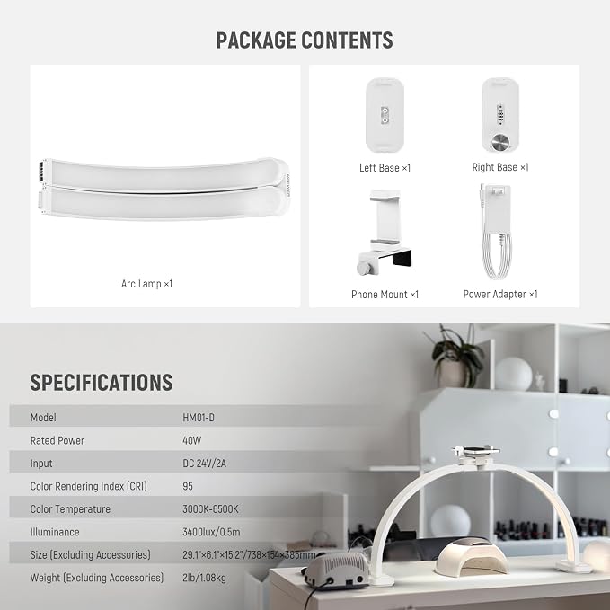 NEEWER Basic HM01-D 29" Arc Lamp, 40W Foldable LED Half Moon Table Nail Tech Light for Desk 3000K-6500K 3400lux/0.5m CRI95 USB Charging Phone Holder for Manicure Makeup Beauty Tattoo Overhead Shooting - Image 8