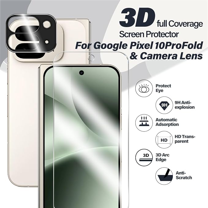 BIGFACE for Pixel 10 Pro Fold Tempered Glass Screen Protector + Camera Lens Protector [2 + 2 Pack][Fingerprint Unlock][Anti-Scratch][Case Friendly] HD Protective Film for Google Pixel 10 Pro Fold 5G - Image 2