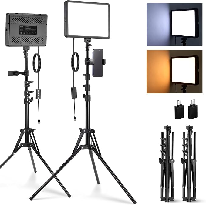 NEEWER Basics 2Pcs LED Video Light Panel with 59'' Tripod Stands/Phone Holders, 2700-6500K 850Lux Dimmable Plastic Studio Lighting for Photography Filming Recording Live Streaming, No Adapter, BP300 by Neewer