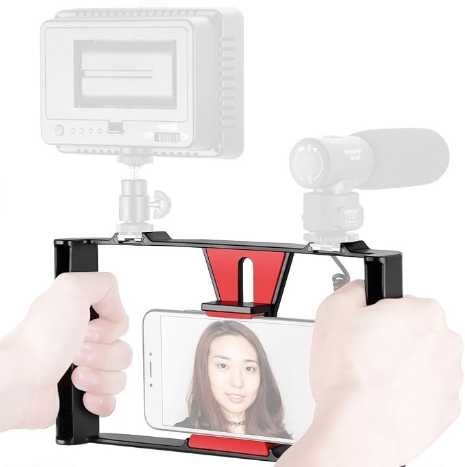 FocusFoto Smartphone Video Rig Camera Cage Mount Holder Stabilizer Handle Grip for 4~7 inch Mobile Cell Phone iPhone Filmmaking Professional Videomaker for iPhone Xs Max X 8 Plus Huawei P20 mate20 PRO by FocusFoto