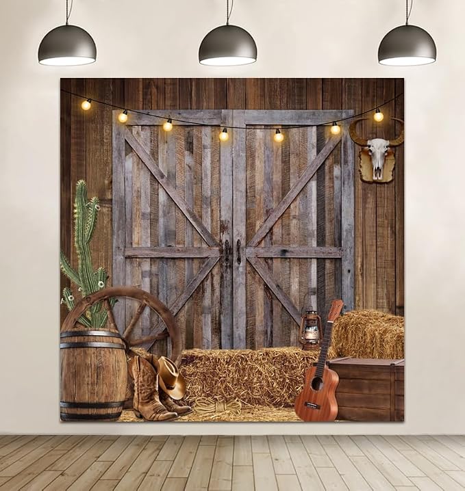 Western Cowboy Backdrop 8x8ft Western Party Decorations Wild West Saloon Rodeo Barn Photography Background Cowboy Theme Birthday Party Decor Banner Photoshoot Supplies - Image 2