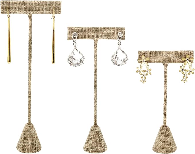Ikee Design 6Pcs Set Earring Stand Display 3 sizes Ht., Natural Linen | MULTI-HEIGHT EARRING DISPLAY: Linen with a stable metal base for various earring sizes; 2.5"W x 5.5"H. - Image 3