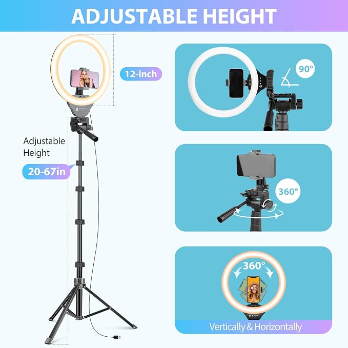 Sensyne 12-inch Ring Light with 67-inch Selfie Stick, Tripod and Phone Holder, Selfie Remote Control Circle Light for Live Stream/Video Recording/TikTok, Compatible with All Phones and Cameras - Image 6