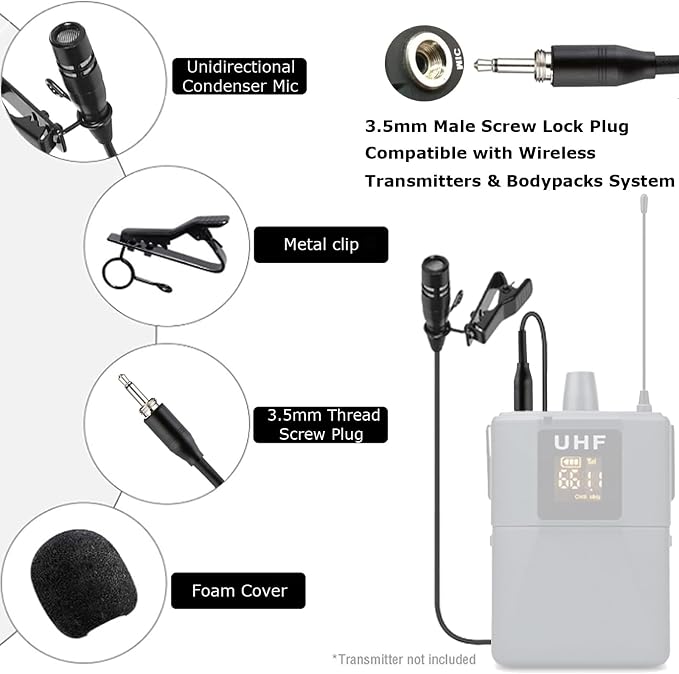 Lavalier Microphone Lapel Mic for Bodypack Transmitter System | Unidirectional Condenser Super Cardioid Clip-On Mic for Wireless Bodypack Transmitter System with 3.5mm Thread Screw Plug - Image 7