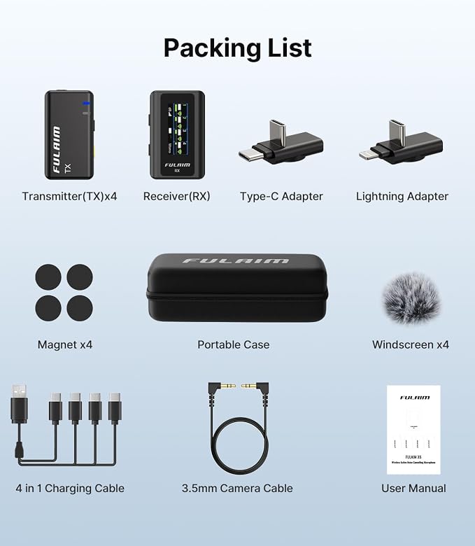 FULAIM X6 Wireless Lavalier Microphones with 4 Transmitter for iPhone, iPad, Android, Camera, Lapel Mic with 48KHz 24Bit, Noise Cancellation for Video Recording, Vlog, YouTube, TikTok - Image 7