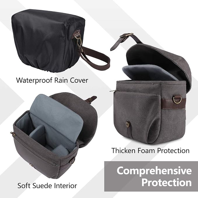 BAGSMART Canvas Crossbody Camera Bag with Rain Cover for Women Men, Gray | SLR DSLR Camera Case, Compact Camera Shoulder Bag - Image 4